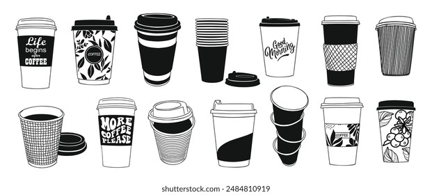 Set aus verschiedenen Papier Kaffeetassen zum Mitnehmen. Verschiedene Einwegbecher Kaffee zum Mitnehmen. Kollektion von Hand gezeichnete Doodle Line Art Vektorillustrationen auf weißem Hintergrund.