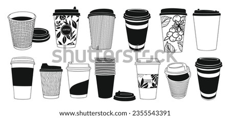 Set of different paper Coffee cups take away. Various disposable cups of coffee to go. Collection of Hand drawn doodle line art vector illustrations isolated on white background