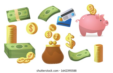 Set of different paper money, gold coins, and storage methods. Vector illustration in flat cartoon style.