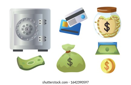 Set of different paper money, gold coins, and storage methods. Vector illustration in flat cartoon style.