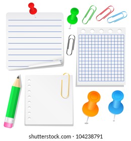 Set of different paper, push pins and clips, vector eps10 illustration