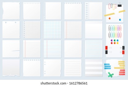 Set of different paper sheets. Flat vector pages with paper clips, duct tape, pin. Checkered sheet, line sheet, notebook, diary, sketchpad, copybook.