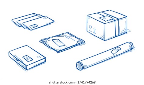 Set mit verschiedenen Paketen, Buchstaben, Schachteln, einer Folienverpackung und einer Plakatrolle. Handgezeichnete Linie Art Cartoon Vektor Illustration.