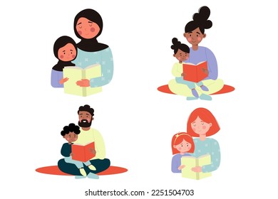 Set of different parents and children reading a book together. Muslims hijab, African Americans. Vector illustration