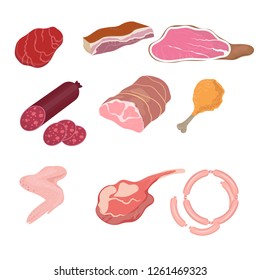 Set of different parts of meat products. Chicken, sausages, sausage, bacon and others.
