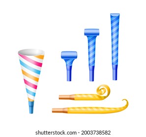 Set of different party noisemakers: paper horn cones and blower whistles for event, festival or surprise celebration. Bright decoration elements. Vector illustration