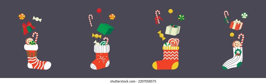 Conjunto de diferentes medias de fiesta con caramelos y regalos. Los dulces de Navidad se ponen para los niños. Colección de dulces vectoriales - lolípops, caramelo, caña. Cuidada ilustración vectorial Feliz Navidad y Feliz Año Nuevo