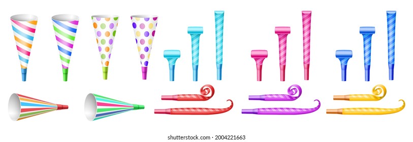 Set of different party whistles: paper horns and pipe blowers. Collection of colorful items for festive event celebration: new year or birthday. Realistic vector illustration