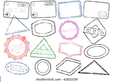 A set of different passport or post stamps. All vector objects are isolated and grouped. Stamps have transparent background. Colors and white background color are easy to adjust or customize.