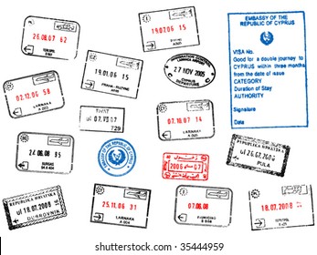 set of different passport visa stamps vector illustration