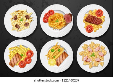 Set of different pasta dishes illustration
