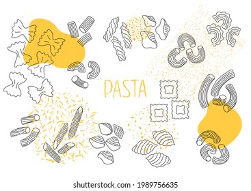 Set of different pasta, hand drawing, doodle style. As well as textural elements for design. Vector illustration on white background.