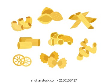 Set of different pasta on white background. Vector illustration italian dry pasta objects farfalle, penne, rotelle, creste, chifferi, rigatoni, cavatappi and conchiglie in cartoon style.
