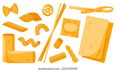 Set of different pasta types. Farfalle, ditalini, macaroni, penne, spaghetti, lasagne. Dry Italian food collection. Vector illustration in cartoon style. Isolated white background