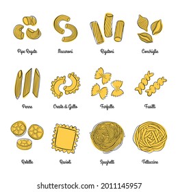 Set of different Pasta types for menu or package design. Vector illustration