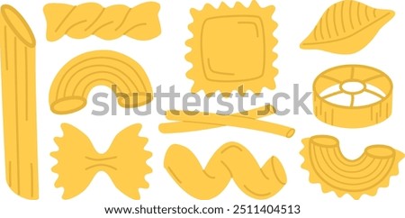 Set of different pasta types. Vector illustration of cute elements in flat style
