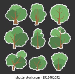 Set of different patches of green trees. Trunk with foliage and branches. Isolated on dark background.