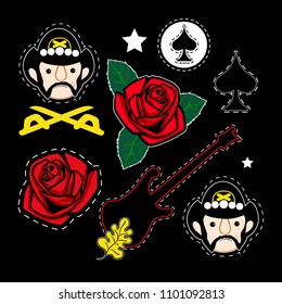 
A set of different patches on a black background.Lemmy, bass guitar with oak leaf, peak ace, rose with leaves, sabers.Hand-drawn vector illustration. Rock'n'roll patches. Cartoon style.