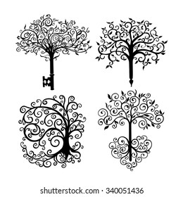 Set of different patterned openwork trees as a symbol or logo