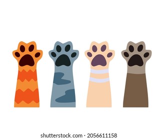 Set of different paw. Cat hands of different colors. Collection of breeds of Pets. Spots and stripes. Cartoon flat illustration. White, black, red, grey animal with fur