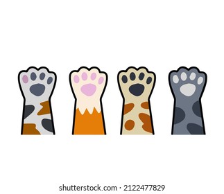 Set of different paw. Cat hands of different colors. White, black, red, grey animal with fur.