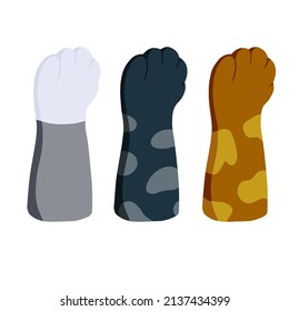 Set of different paw. Cat hands of different colors. Collection of breeds of Pets. Spots and stripes. Cartoon flat illustration. White, black, red, grey animal with fur