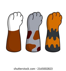 Conjunto de diferentes arcos. Manos de gato de colores diferentes. Colección de razas de mascotas. Lugares y rayas. Dibujo plano de caricatura. Blanco, negro, rojo, animal gris con piel