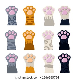 Set of different paw. Cat's hands of different colors. White, black, red, grey animal with fur. Collection of breeds of Pets. Spots and stripes. Cartoon flat illustration