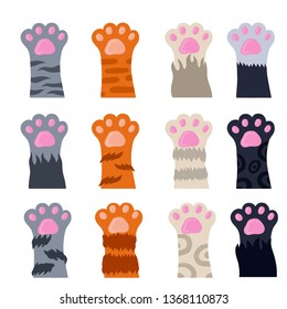 Set of different paw. Cat's hands of different colors. White, black, red, grey animal with fur. Collection of breeds of Pets. Spots and stripes. Cartoon flat illustration