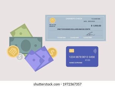 A set of different payment methods, a plastic credit card, a bank check, paper money and coins