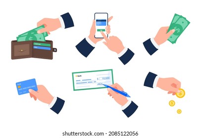Set of different payment options. Hands with cash, mobile banking, credit card, check, coins. Financial operations, transactions, and payment concepts. Vector flat illustrations.