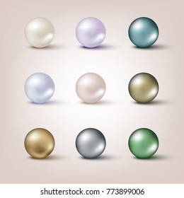 Set of different pearls isolated on pink background.