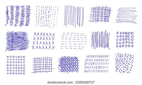 Set of different pen stroke textures. Lines, dots and swirls. Marker patterns, grunge scribbles, brush strokes. Set of abstract shapes and curves. Hand drawn blue pen scribbles.