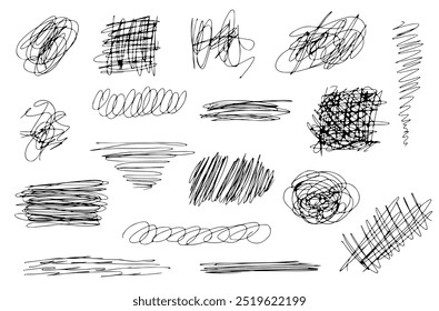 Set of different pen stroke textures. Grunge ink lines and swirls. Marker patterns, grunge scribbles, brush strokes. Set of abstract shapes and curves. Hand drawn pen scribbles.