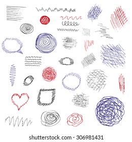 Set of different pen strokes and scribbles isolated on white background.Vector texture collection