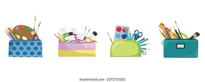 Set of different pencil cases with stationery on white backgroun