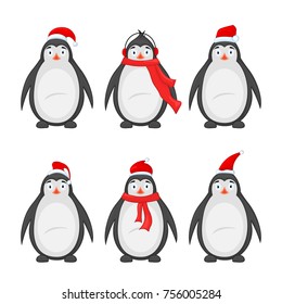 set of different penguins. Animals in Christmas hats of Santa Claus, scarf, headphones, cylinder. Different Christmas characters
