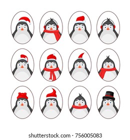 set of different penguins. Avatars. Animals in Christmas hats of Santa Claus, scarf, headphones, cylinder. Different Christmas characters