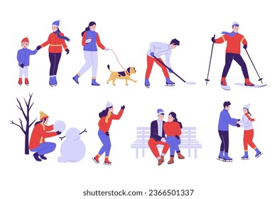 En invierno se organizan actividades para diferentes personas. Colección de Invierno. Ilustración de diseño plano