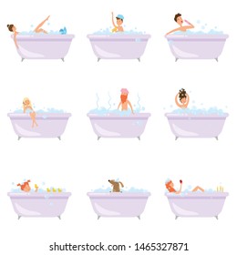 Set of different people or animals take a bath in bathtub