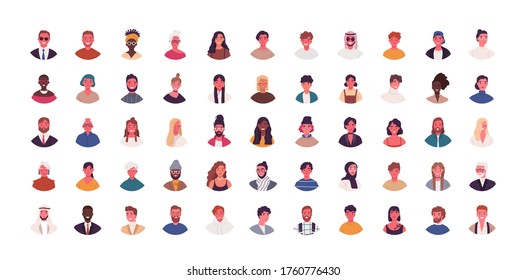 Set of different people avatars vector flat illustration. Collection of diverse man and woman portraits isolated on white. Smiling colorful young and adult person. Bundle of multiethnic user avatar