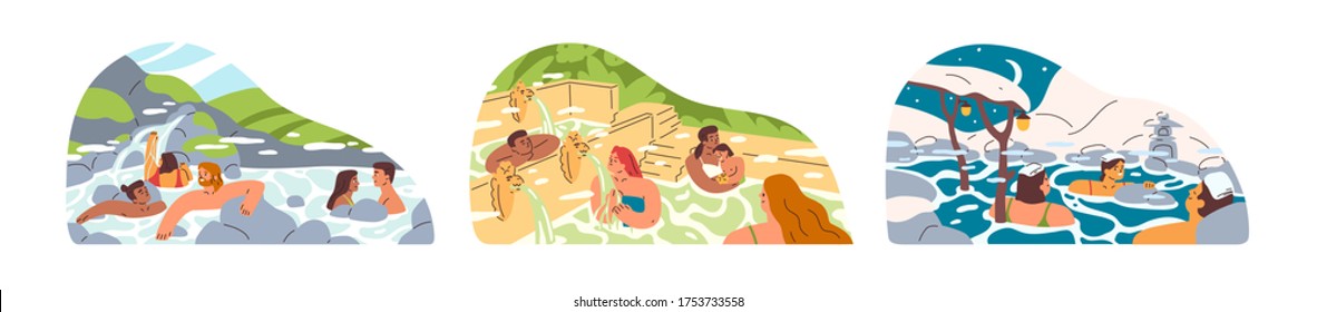 Set of different people bathing in hot springs vector illustration. Collection of man, woman and couples relax at natural water pond isolated on white. Touristic joyful person at outdoor spa resort