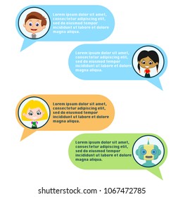 Set of different people and bot chatting with portraits and speech bubbles