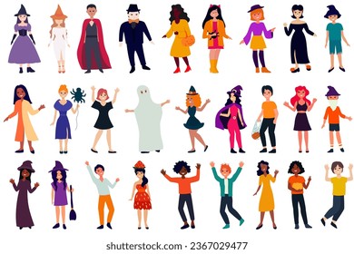 Set of different people celebrating halloween, flat illustration, smiling people in costumes