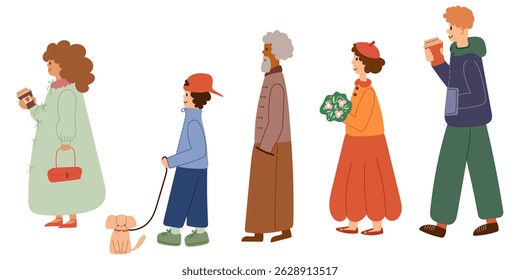Conjunto de caracteres de pessoas diferentes. Idosos e jovens.