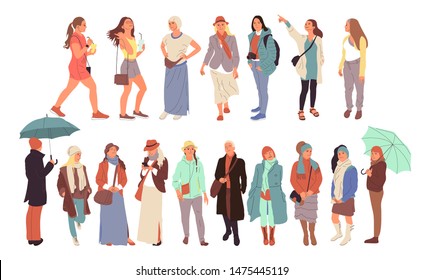 Set of different people characters in casual outfit. Crowd in different poses, walking, standing outdoors. Isolated on white. Flat style colorful cartoon stock vector illustration.
