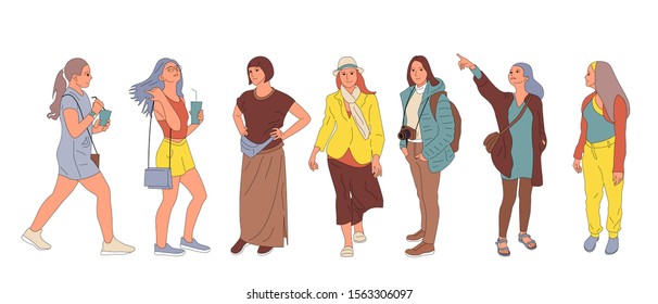 Set of different people characters in casual outfit. Crowd of girls in different poses, walking, standing outdoors. Isolated on white. Flat style cartoon stock vector illustration.
