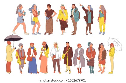 Set of different people characters in casual outfit. Crowd in different poses, walking, standing outdoors. Isolated on white. Flat style colorful cartoon stock vector illustration.
