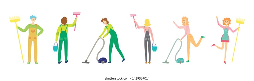 Set of different people characters. Maids and workers in uniform do cleaning, mopping with mop, dusting with vacuum cleaner, sweeping. For housekeeping and cleaning service concept. Vector