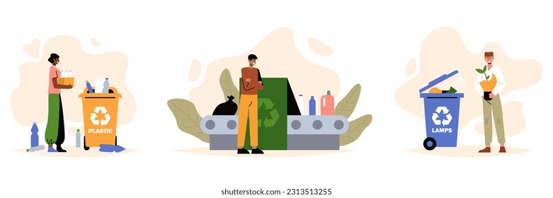 Set of different people collecting garbage. Man collects used lamps, woman takes plastic bottles for recycling. Green environment concept. Colorful vector illustration in flat design